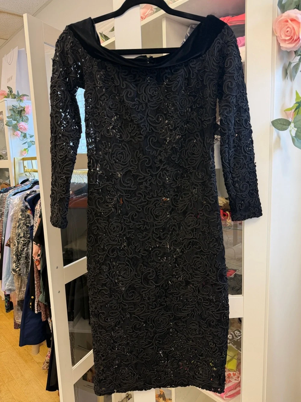 Anne Fontaine Lace Embroidered Semi Sheer Dress Velvet Collar Black Sz 38 US 4 6